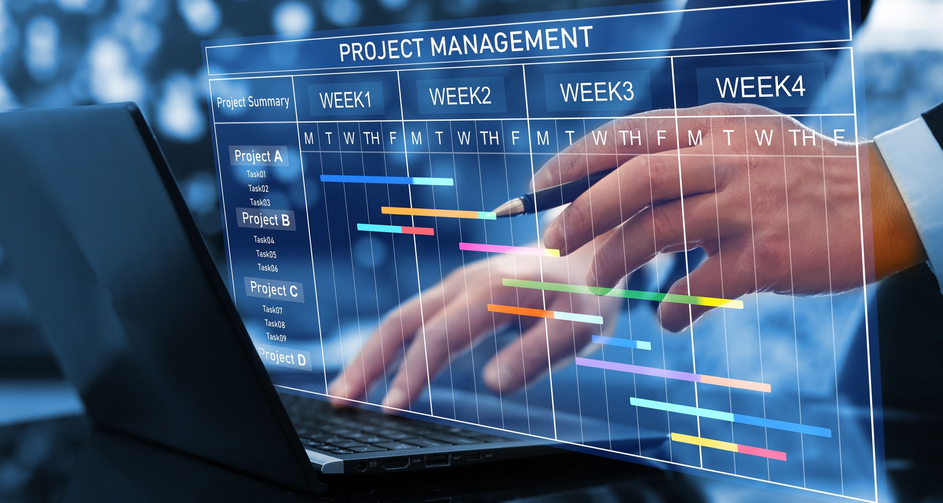 Project manager working on laptop and updating tasks and milestones progress planning with Gantt chart scheduling interface for company on virtual screen. Business Project Management System.